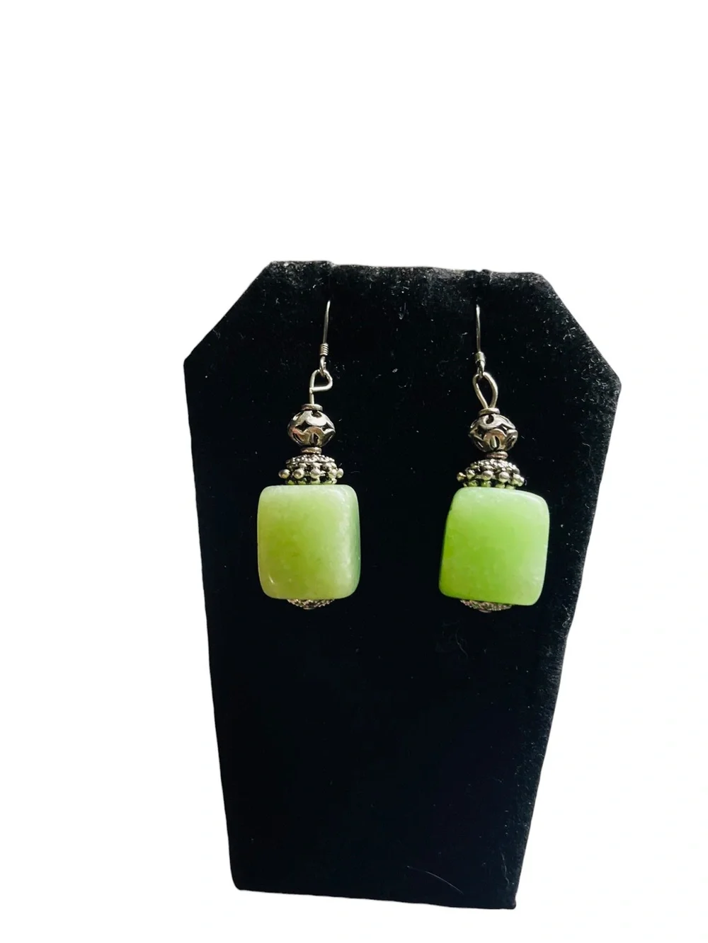 Vtg MCM Sterling Silver 925 Light Green Jade Cube Drop Dangle Earrings 15.8g